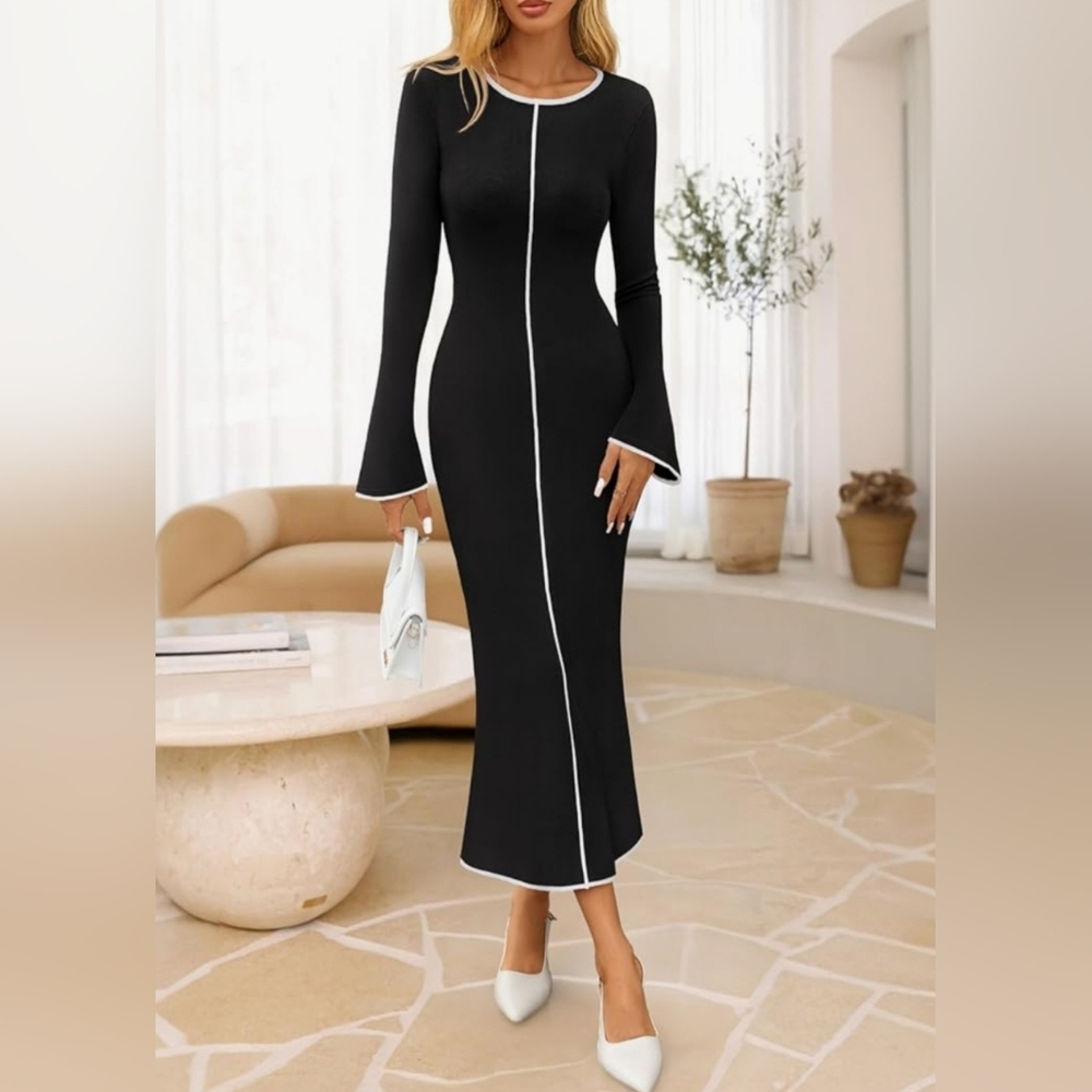 Elegant Black Long Sleeve Maxi Dress with White Piping